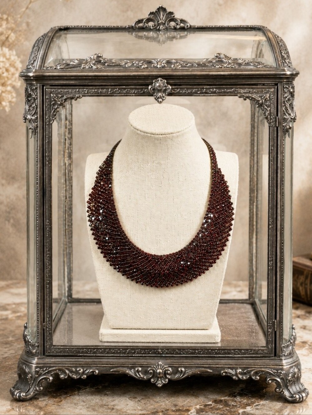 Bohemian Garnet Rhinestone Gunmetal Natasha Dual Row Dramatic Statement Necklace